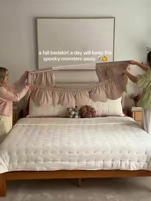 monsters under the bed? not anymore. this fall bedskirt scared them right out 👋🧺🛌 #fyp #spooky #bedroom #bedskirt #fall 