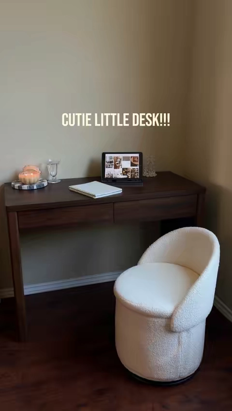 How nice is this little desk?! I have been doing work in it here lately but I think this would make the cutest vanity with a mirror on top! Looks like it was plucked straight out of my Pinterest board! Small Desk. Vanity Desk. Vanity Setup. #desk #desksetup #desksetups #vanity #vanitysetup 