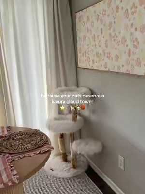 the dreamiest cat tower I’ve ever seen ✨not to mention my cats look like their sleeping in the fluffiest cloud- made of the highest quality wood and meant to last for years- the cats love it and so do I !! #fyp #cats #catsoftiktok #cattree #cattower 