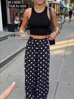 These polka dot pants are my new everyday obsession 😭 The fit is so comfy and flattering! #widelegpants #polkadotpants #StreetStyle #casualoutfit #tiktokmademebuyit
