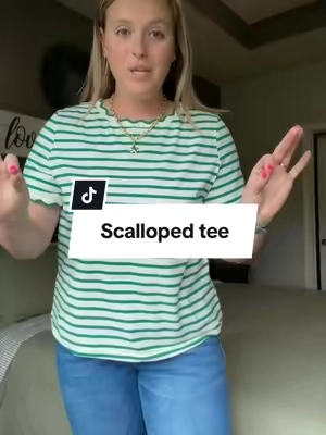 Finally a cute shirt that is full length! The scalloped detail is so fun! ✨ #basictees #stylingideas #tiktokshopcreatorpicks #momoutfits #stripedtee 