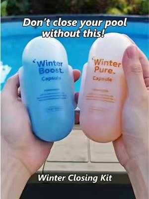Don’t cover your pool before doing this!  Just drop both winterizing capsules in to help keep the water clear all winter. Less cleanup and an easier spring opening! #poolhacker #poolclosing #poolwinterizing #poolmaintenance #abovegroundpool 