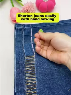 Shorten jeans easily with hand sewing.#SewingTips #DIYFashion #HandSewing #SteelNeedle #SewingThread