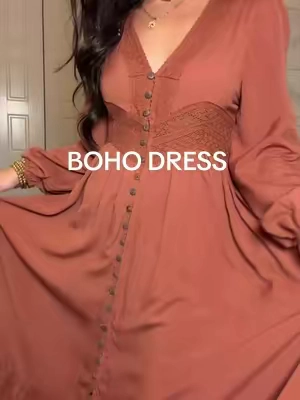 Boho dreams meet effortless elegance 🤎 This flattering boho maxi dress features a flowy silhouette, smocked waist, button-front detail, and long sleeves for the perfect fall transition. Pair it with cowboy boots for the ultimate western boho outfit, country concert look, or everyday chic style. 🤠✨ #BohoDress #BohoStyle #MaxiDress #falldress #flowydress 