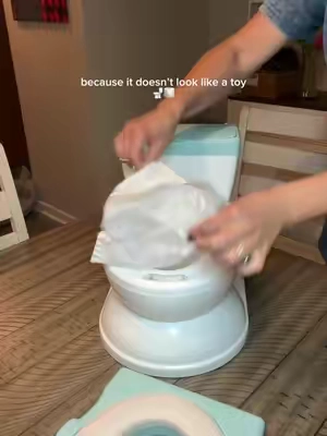 A potty chair that looks like a real potty, comes with liners and flushes too! #PottyTraining #PottyChair 