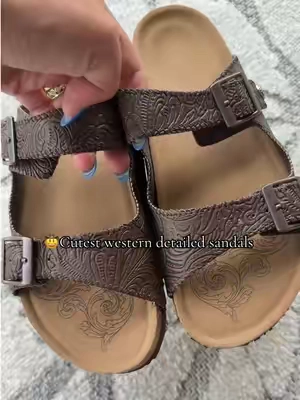 Women's Cork Footbed Sandal - 2026 Open Toe Wide Flat Slide Sandals, Double Buckle Slip-On, Embossed Tooled Leather Upper with Arch Support & Memory Foam, Adjustable Two Strap, Lightweight Summer Beach Vacation Casual Walking Shoes for Women #sandals #westernstyle #westernfashion #fallshoes #womenshoes 