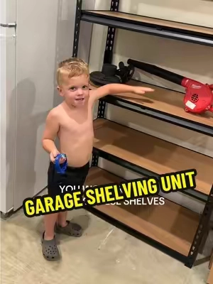 Our third set of these garage shelves! They are so good!! #garage #garagestorage #garageorganization #garageshelves #shelving 