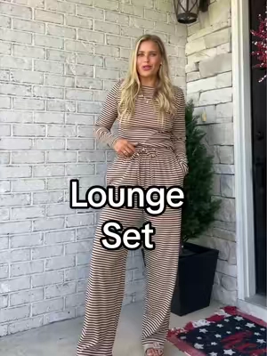 A cozy long sleeve lounge set for fall! I’m 5’2 135 and I grabbed the medium for a looser fit for the bottoms! #loungeset #womensloungewear #twopieceset #stripedset #cozyset 