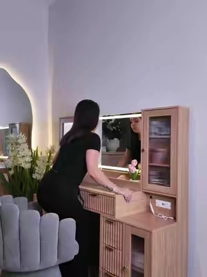 Wood Moder vanity mirror led @Anymaple furniture #vanitymirror #vanityorganization #bedroom 