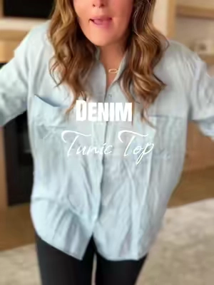 So freaking cute! Flowy, denim chambray tunic top! Perfect for leggings and all things fall. #TikTokshopbacktoschool #chambray #denimshirt #tunictop #teacherootd 