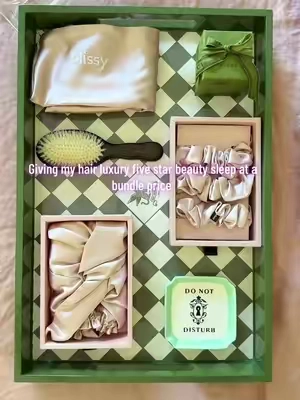 Blissy silk put 3 of their best selling 100% silk hero products in a bundle. #silkbonnet #silkpillowcase #silkpress #satinbonnet #coolingpillowcases @Blissy Brand 