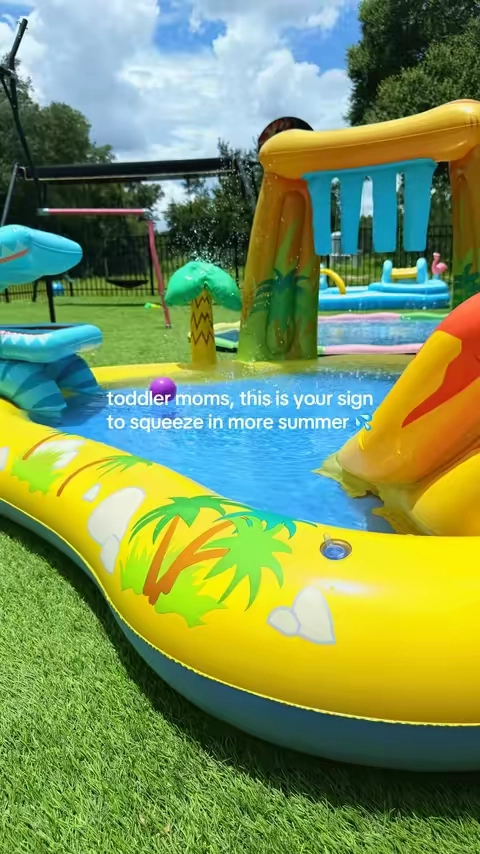 Still one of the best things we bought for backyard summer days with toddlers 💦 so many little activities built into one pool and we’re definitely not packing it up yet!! #kiddiepool #toddleractivities #summeractivities #backyardfun #toddlermom