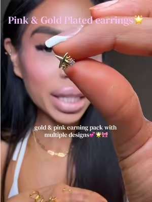 All of the designs in this pack of earrings is sooo cute!! 🎀🌟💕✨ 14k gold plated so they will not rust when you swim super sweat!! Obsessed. & hypoallergenic #gold #jewelrytiktok #goldandpink #earringslovers #earrings 