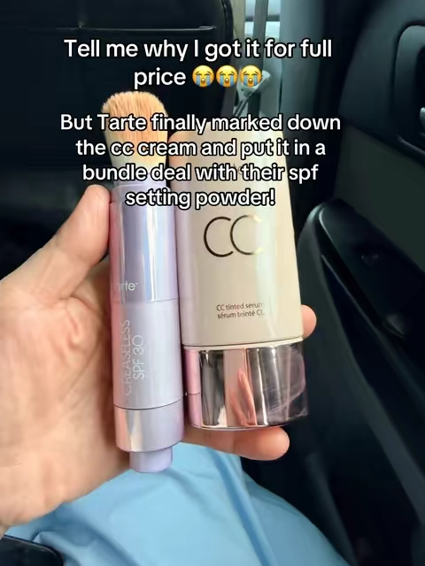 Tarte’s CC Color-Correcting Tinted Serum helps even and smooth the look of your complexion, paired with the Creaseless SPF 30 Setting Powder for a soft, set finish with added sun protection. 💜 #TarteCosmetics #Tarte #TintedSerum #SettingPowder #SPFMakeup 