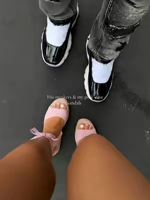 Love this contrast between his basic sneakers and my strappy sandals #heels #sandals #wedgesandals #datenightideas #tiktokshopsummersale 