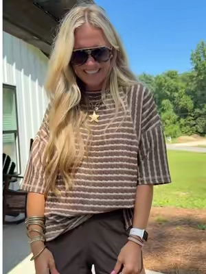 Started with the sweatshirt and ended up the short sleeve too! Love this top for fall🤎 The stripes are perfect! #tiktokshopcreatorpicks #falltop #stripedtop #casualoutfit #backtoschooloutfit 