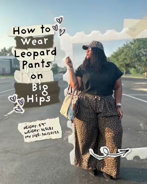 If you have fuller hips, fit matters more than the print ever will. These leopard wide leg pants have enough room through the hip and thigh area without looking oversized, and the adjustable waistband lets you customize the fit at the waist. ✨ Outfit details: 🖤 Black top: XL, this brand’s sizing is unclear here, but the stretch is excellent. I also own it in another color. 🐆 Leopard pants: 5XL, which is a size 22 for this brand 🧢 Leopard cap 👜 Neutral canvas bag A good option if you’re looking for plus size leopard pants, wide leg pants for big hips, bold print outfit ideas, or statement pants that still feel wearable. #widelegpants #leopardprint #croptop #TikTokshopbacktoschool #styleinspo plus size outfit ideas