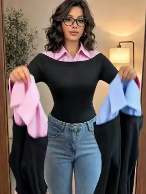 Women's Fashion Blue Striped Collar Split Design Knitted Pullover Tees#tee #OOTD #tiktokshop #spotlightfinds #y2k 