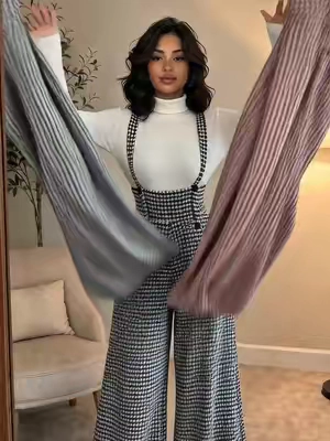 Women's Knitted Houndstooth Print Flowy Wide Leg Overall Jumpsuit#junpsuit #OOTD #streetwear #overall #tiktokshop 