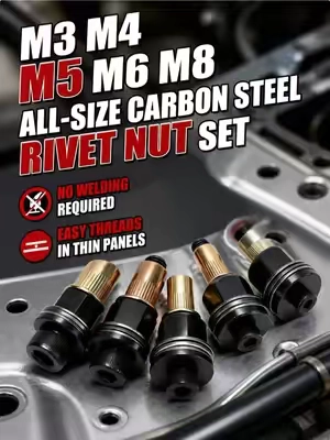 Fix stripped threads on thin metal blind spots.🛠️⚡ M3-M8 full rivet nut kit with extra nuts included.🚗 Strong permanent threads for cars, trucks & DIY projects. 🔥 Big discount + free US shipping, limited offer! #RivetNutKit #AutoRepair #CarDIY #TruckMods #MechanicTools    