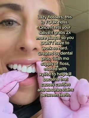 Expanding floss does more of the work for you. Unlike traditional floss, once it hits your saliva, it expands to grab up to 2X more plaque and bacteria between your teeth and along the gumline. I’m a dental hygienist of 11 years, and this is the floss I personally use, love, and recommend to my patients. 🙌🏼 PLUS, it’s coated with xylitol to help fight cavity-causing bacteria AND the black floss makes it so satisfying to see what you actually removed. 🤢😂 If you hate flossing, start here. Your gums will thank you. 🖤🦷 #floss #flossing #expandingfloss #teethcare #whiterteeth 