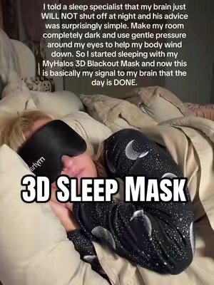 I used to think I just had to accept that my brain wouldn’t shut off at night 😩 Now I make my bedroom as dark as possible and use my MyHalos 3D blackout sleep mask as part of my nighttime routine. The gentle pressure around my eyes helps me wind down, while the 3D eye cups leave plenty of room around my eyes and lashes. 🌙 If you love TOTAL darkness when you sleep, you need to see this one. #SleepMask #BlackoutSleepMask #SleepTips 