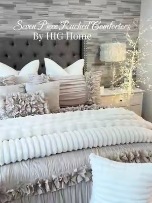 This Seven Piece Ruched Comforter Set is so beautiful! @HIG Home #bedding #comforterset #comforter #bedding #beddingset 