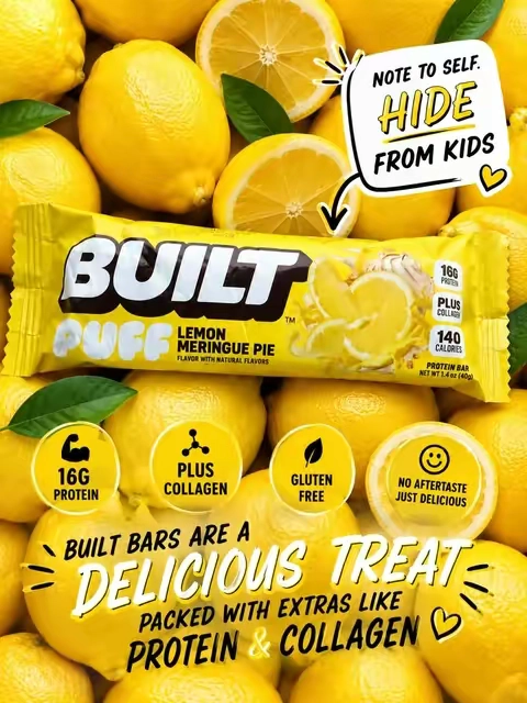 Lemon Meringue Pie protein bar that actually tastes like a dessert 🍋💪 BUILT Puff delivers 16g of protein, 140 calories, plus collagen in a soft, satisfying snack that’s gluten-free. Perfect for a sweet craving without blowing your protein goals. #BuiltBar #ProteinBar #LemonMeringuePie #HighProteinSnack #ProteinSnacks