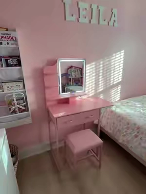 Okay but how CUTE is this pink girls vanity! Perfect for my daughter, & she LOVES it! Also great for small spaces✨ #vanity #girlsvanity #vanitymirror #pinkvanity #giftideasforgirls 