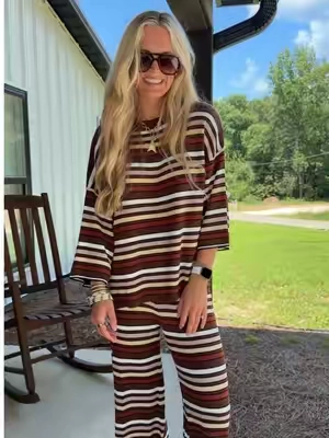 This cutie striped sweater set is so lightweight and perfect for fall! Perfect for all of my teacher friends! #tiktokshopcreatorpicks #TikTokshopbacktoschool #stripedset #sweaterset #falloutfit 