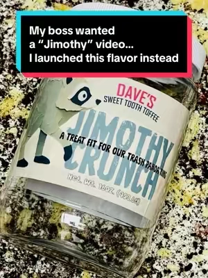 Our boss called before we went LIVE to say that he wanted a “Jimothy” video for our flavor of the week. Well I think I’m getting a promotion because I actually just made Jimothy Crunch Toffee. It’s our almond toffee topped with white chocolate, crushed @OREO and potato chips. Super small batch, get it while you can. #jimothy #candy #trashpanda #racoon #toffee 
