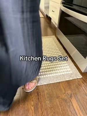 The set of kitchen rugs checks all the boxes. High-quality, classic pattern, neutral color, washable and nonslip. #kitchenmats #Kitchenrug #kitchendecor #kitchenmakeover #washablerugs 