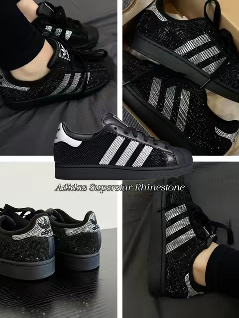 The shoes your wardrobe has been waiting for 🖤🖤🖤 #flykicks #adidas #rhinestone #black #fyp 