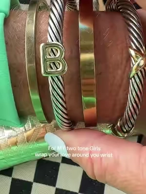 I’m loving the two tone gold and silver initial bracelet ✨ perfect for gifts or wear everyday! Wrap your love ones around your wrist🤍 waterproof and tarnish free and such a beautiful dupe! @Aprilery Jewelry-US #initialbracelet #twotone #cable #bracelet #dupe 