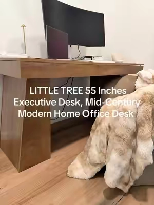 LITTLE TREE 55 Inches Executive Desk, Mid-Century Modern Home Office Desk with Double Trapezoid Base, Wood Computer Desk Business Workstation Desk Small Conference Table