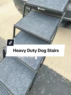 The sturdiest dog stairs we’ve tried 🐾 These heavy-duty metal dog stairs hold up to 200 lbs and can be used for vehicles, high beds, furniture and even vet appointments. They fold for storage and are great for dogs who get nervous on wobbly pet steps. Just make sure to measure for your vehicle! #dogstairs #dogstairsforcar #dogsteps #dogramp #largedog   
