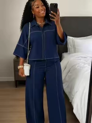 2 Pieces Outfit Turn-down Collar Half Sleeve Button Front Top and Elastic Waist Wide Leg Pants Set Casual Contrast Stitching Commuting Set Loose Clothes#OOTD #fyp #DailyOutfit #casualoutfits #2pieceset 