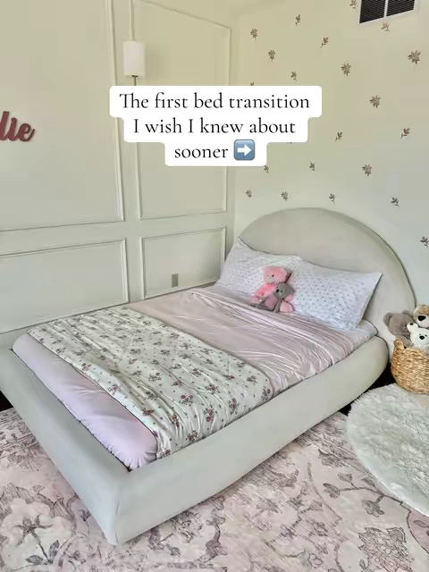 The most adorable first bed frame that turns into one they can use for all of childhood and beyond!!! ❤️  #toddlerbed #floorbed #kidsroom #bedframe #kidsbed 