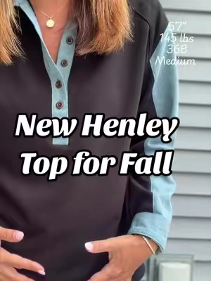 Henley top with denim details cotton/polyester blend so cute for fall! #henleytop #denimshirt #fallfashioninspo #TikTokshopbacktoschool #tiktokshopcreatorpicks @Evaless official 
