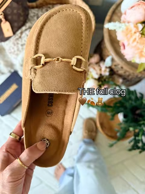 Cushionaire Cliff suede loafers are officially in my fall shoe rotation 🤎 The soft suede, gold hardware and easy slip-on mule style make these SO cute with jeans.  #cushionaire #clogs #shoesforwomen #tiktokshopcreatorpicks 