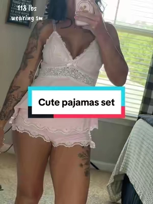 Cute enough to feel dressed up, comfy enough to sleep in. 💕 This lace-trim cami set has adjustable straps, soft fabric + matching shorts for an easy feminine lounge look. #pajamas #loungewear #elegantpajamas #tiktokbacktoschool #lacepajamaset 