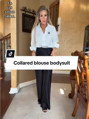 The ultimate wardrobe essential. This sleek white bodysuit blouse gives you the polished look of a button-down with a perfectly tucked fit every time. #WhiteBodysuit #WomensFashion #ClassicStyle #WorkwearStyle #TikTokShopFashion