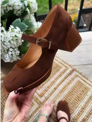 A chunky heel just makes the whole outfit 🤎✨ #ChunkyHeels #SuedeHeels #WomensHeels #PlatformHeels #HeeledShoes 