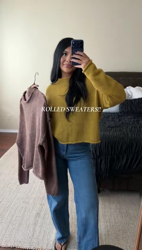 Omg I want every color in this sweater! The rolled details are everything and the colors are so good! I size up in these for a less cropped more boxy fit and they’re perfect!! In love with this for Fall! Roll Neck Sweater. Oversized Sweater. Knitted Fall Sweater. #sweater #fallsweater #rollnecksweater #sweateroutfit #oversizedsweater 