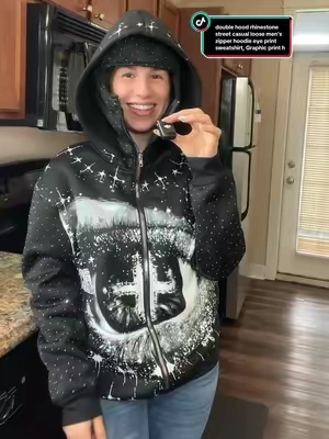 Te encantará !!súper lindo✅😍✨✨ Doble capucha de diamantes de imitación calle casual sudadera con cremallera suelta para hombre sudadera con estampado de ojos, sudadera con capucha con estampado gráfico otoño e invierno vellón cálido hombres y mujeres #pullover #hoodie #winter #comfortable #ziperhoodie 