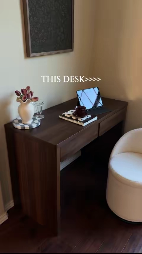 I couldn’t be more obsessed with my little desk! I use this for work and a vanity for makeup! Looks like it literally came from Pinterest! Such a nice size too for my space! Vanity Desk. Aesthetic Vanity Desk. Brown Desk. #desk #vanity #makeupvanity #vanitymakeup #officedesk 