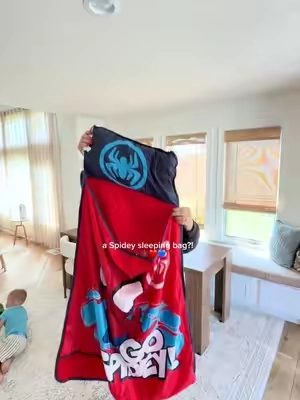 The cutest kids sleeping bag for sleepovers, movie nights, camping trips, or cozy nights at Grandma’s 🕷️❤️💙 A fun Spidey design makes bedtime feel a little more exciting, and it’s perfect for little superhero fans to bring along on their next adventure. #KidsSleepingBag #Spidey #SleepoverEssentials #KidsTravelEssentials #KidsGiftIdeas