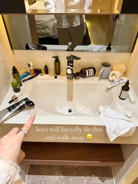 I left him alone in the bathroom for 10 minutes…this is what I came back to 🙄#bathroom #coupletok #OrganizationHacks #TikTokshopbacktoschool #SmallSpaceLiving 