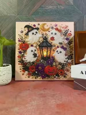 Relaxing Halloween DIY that turns tiny pearls into spooky-cute decor.#DiamondPainting #HalloweenCrafts #FallHomeDecor #WitchDecor #diamondartkit