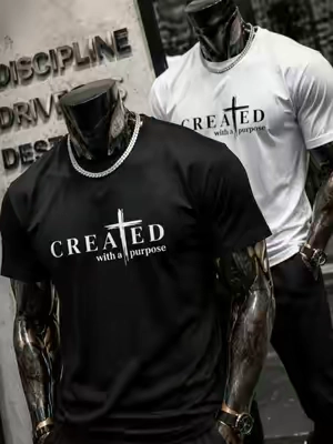 Men's Christian Short-Sleeve Graphic T-Shirt - "Created with a Purpose" Cross Quote Print, Round Neck Top, Casual Menswear for Church Outfits, Summer Wins, Father's Day Gifts#tiktokshopmemorialday #DealsforYouDays #spotlightfinds #mensfashion #sohochic 